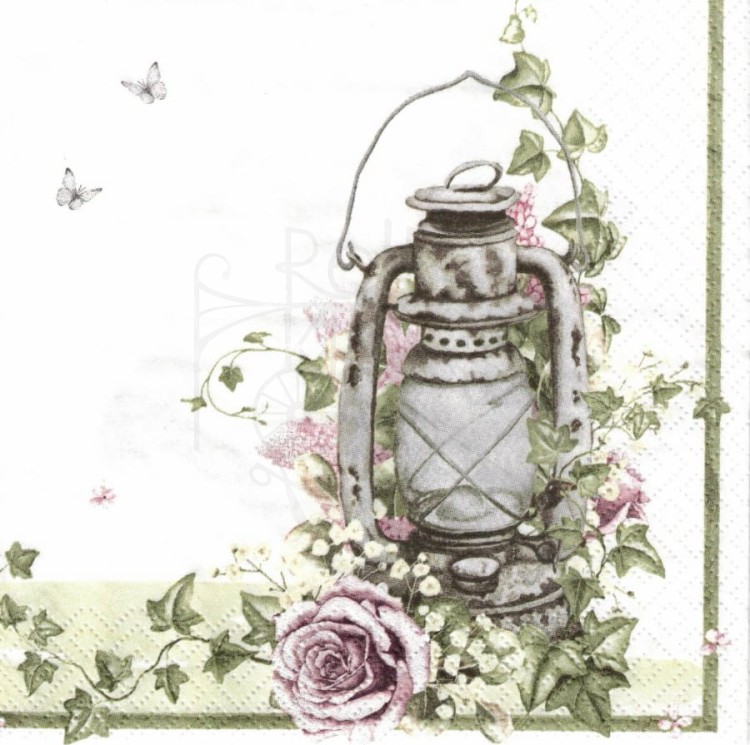 Serwetka 33x33 - Shaby róże i lampa naftowa