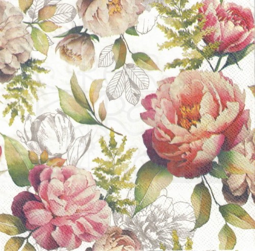 Serwetka 33x33 - Peonie tło białe