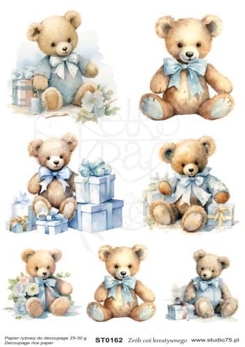 Papier ryżowy do decoupage A4 Niebieskie Misie Prezenty ST0162 Studio75