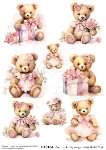 Papier ryżowy do decoupage A4 Różowe Misie Prezenty ST0164 Studio75