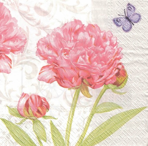 Serwetka 33x33 - Różowe peonie i motylek