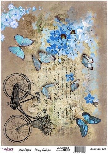 Papier ryżowy do decoupage A4 Rower niebieskie motyle kwiaty i pismo PR0638 Cadence
