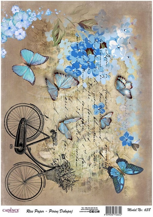 Papier ryżowy do decoupage A4 Rower niebieskie motyle kwiaty i pismo PR0638 Cadence
