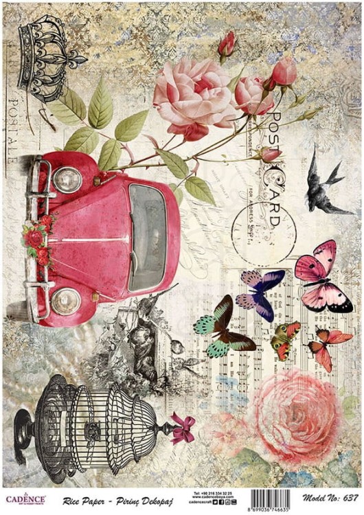Papier ryżowy do decoupage A4 Czerwony samochód motylki i karta retro PR0637 Cadence