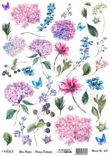 Papier ryżowy do decoupage A4 Hortensja jagody i motylki PR0631 Cadence