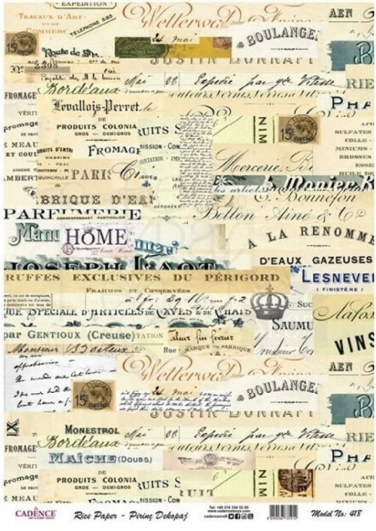 Papier ryżowy do decoupage A4 Napisy etykiety retro PR0418 Cadence