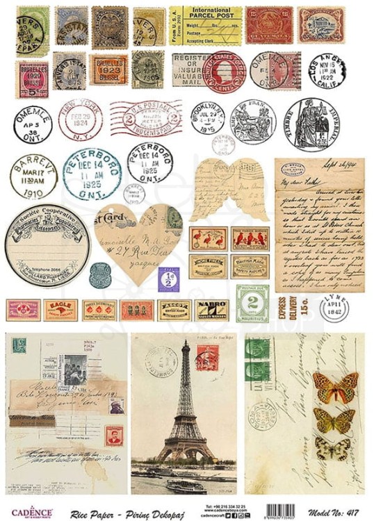 Papier ryżowy do decoupage A4 Znaczki pieczątki i pocztówki retro Paryż PR0417 Cadence