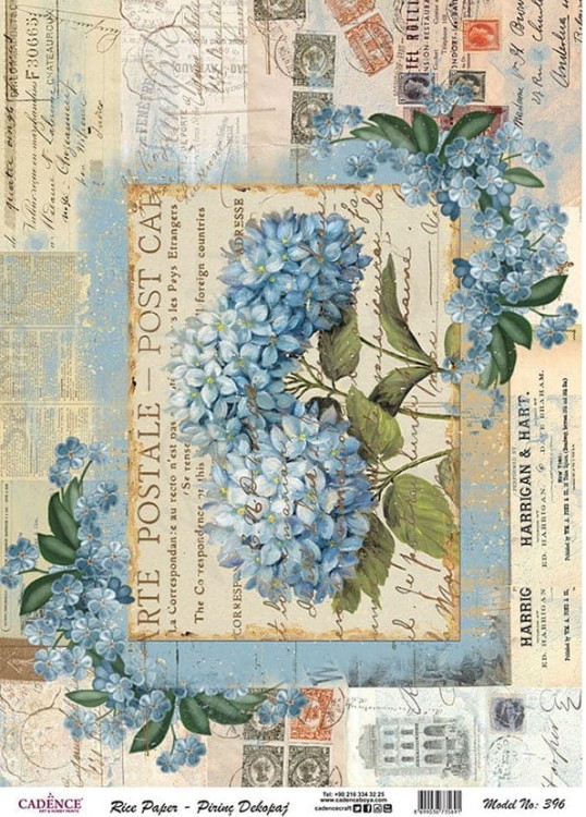 Papier ryżowy do decoupage A4 Niebieskie hortensje i listy retro PR0396 Cadence