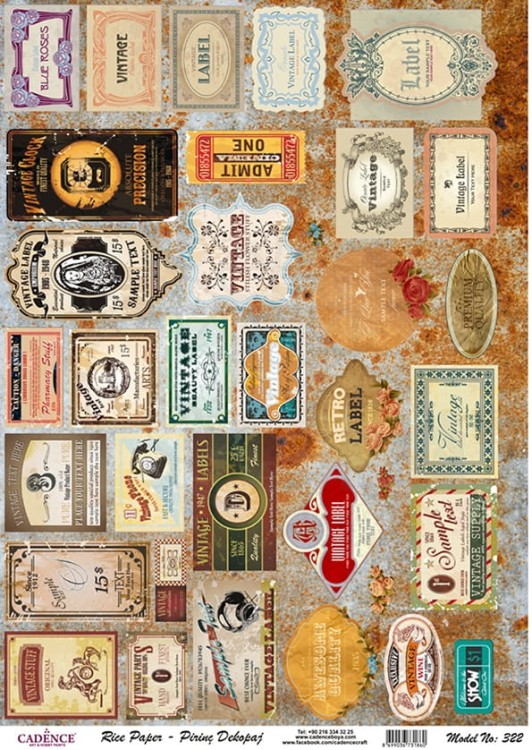 Papier ryżowy do decoupage A4 Etykiety vintage PR0322 Cadence