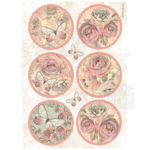 Papier ryżowy A4 Shabby Rose 6 okrągłych dekorów DFSA4879 Stamperia