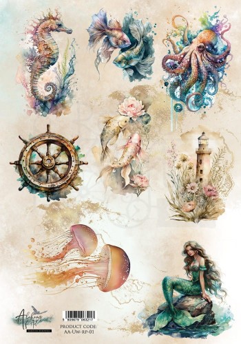 Papier ryżowy do decoupage A4 Underwater World Syrena ryby ośmiornica AA-UW-RP-01 Alchemy of Art
