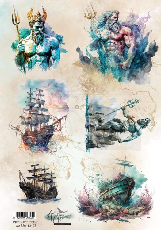 Papier ryżowy do decoupage A4 Underwater World Posejdon żaglowce AA-UW-RP-02 Alchemy of Art