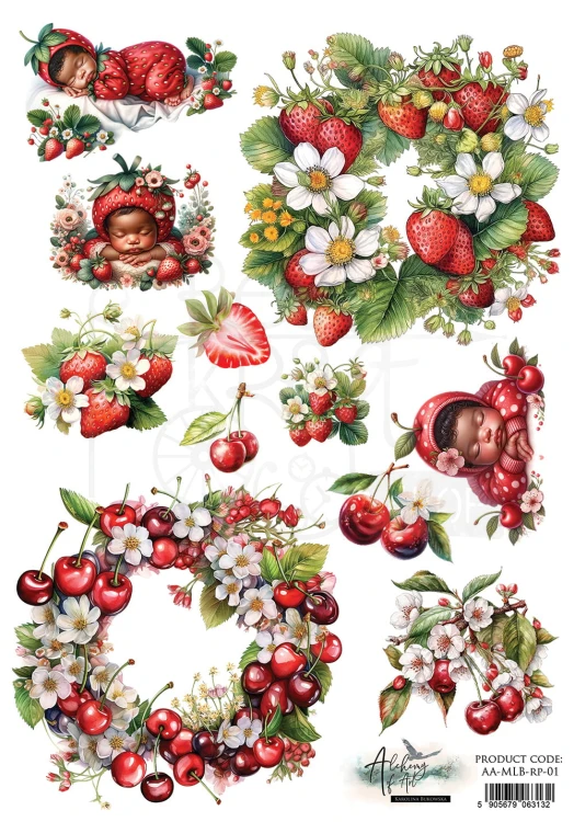Papier ryżowy do decoupage A4 My Little Baby Wiśnie i truskawki AA-MLB-RP-01 Alchemy of Art