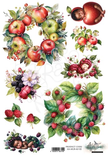 Papier ryżowy do decoupage A4 My Little Baby Jabłka i maliny AA-MLB-RP-02 Alchemy of Art