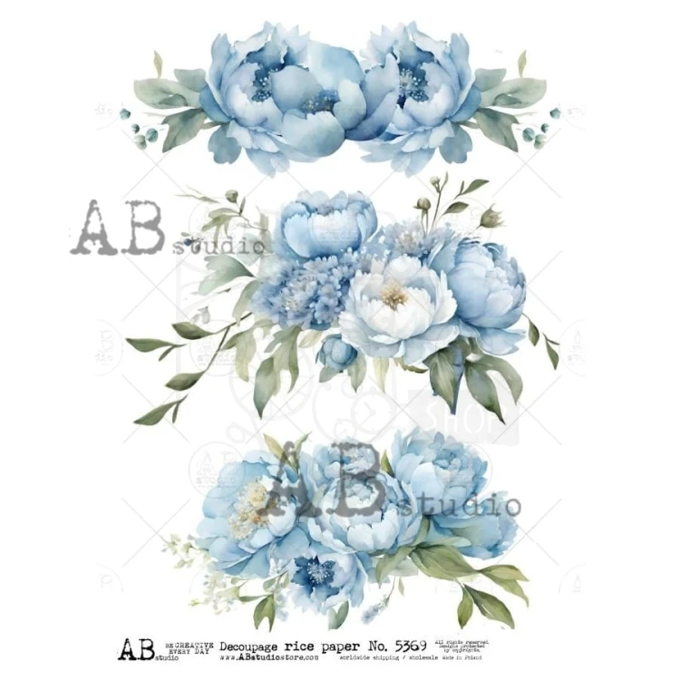 Papier ryżowy do decoupage A4 Kwiaty Niebieskie peonie ID-5369 ABstudio
