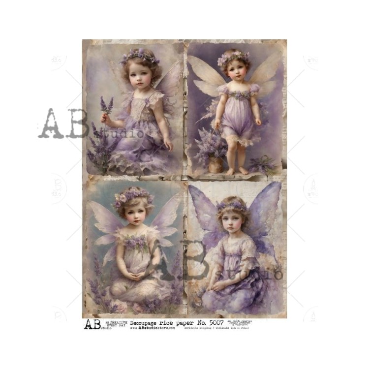 Papier ryżowy do decoupage A4 Wróżki w fiolecie - 4 karty ID-5007 ABstudio