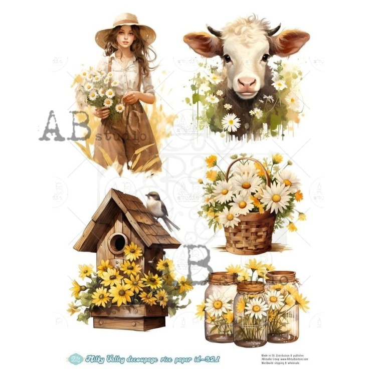 Papier ryżowy do decoupage A4 Wiosenne kwiaty i dziewczyna ID-321 Milky Valley