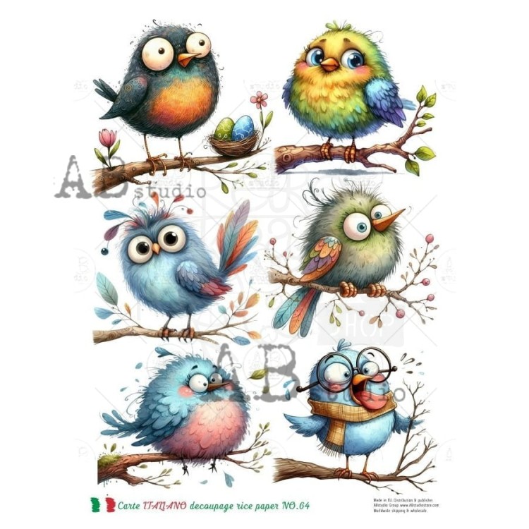 Papier ryżowy do decoupage A4 Śmieszne ptaszki NO.64 Carte Italiano