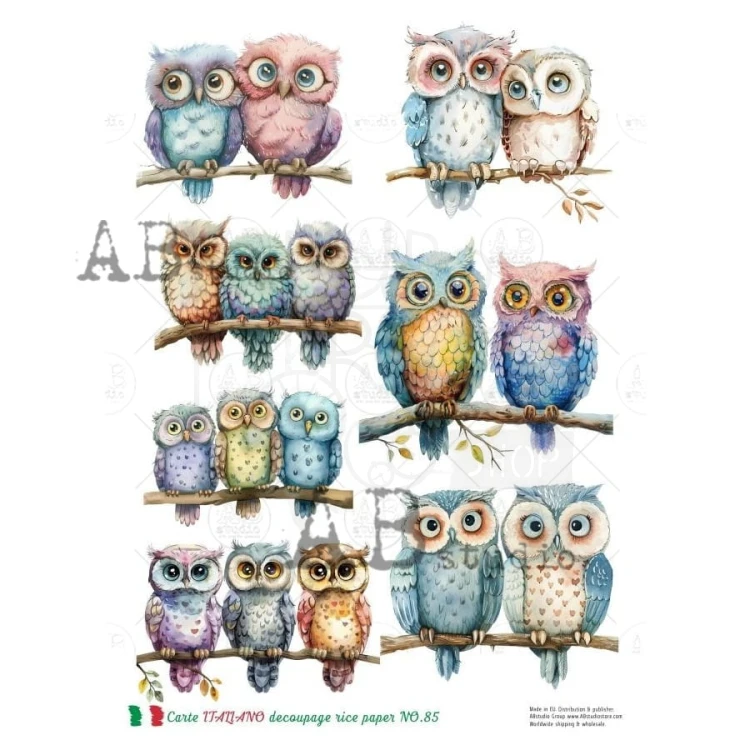 Papier ryżowy do decoupage A4 Sowy na gałęzi NO.85 Carte Italiano