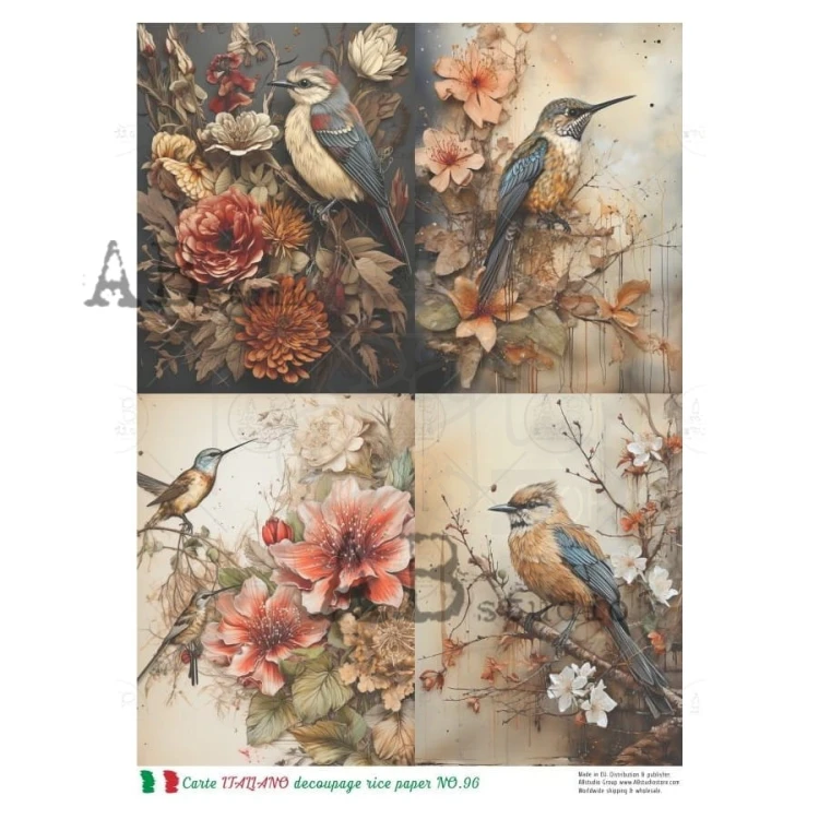 Papier ryżowy do decoupage A4 Ptaki - 4 karty NO.96 Carte Italiano
