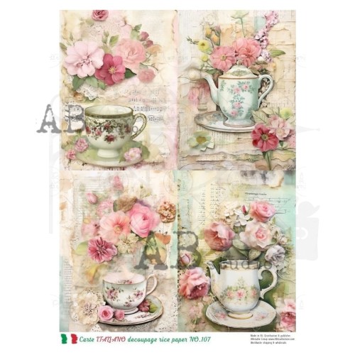 Papier ryżowy do decoupage A4 Kwiaty vintage - 4 karty NO.107 Carte Italiano