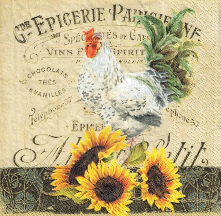 Serwetka 33x33 - Epicerie Parisienne - kogut i słoneczniki
