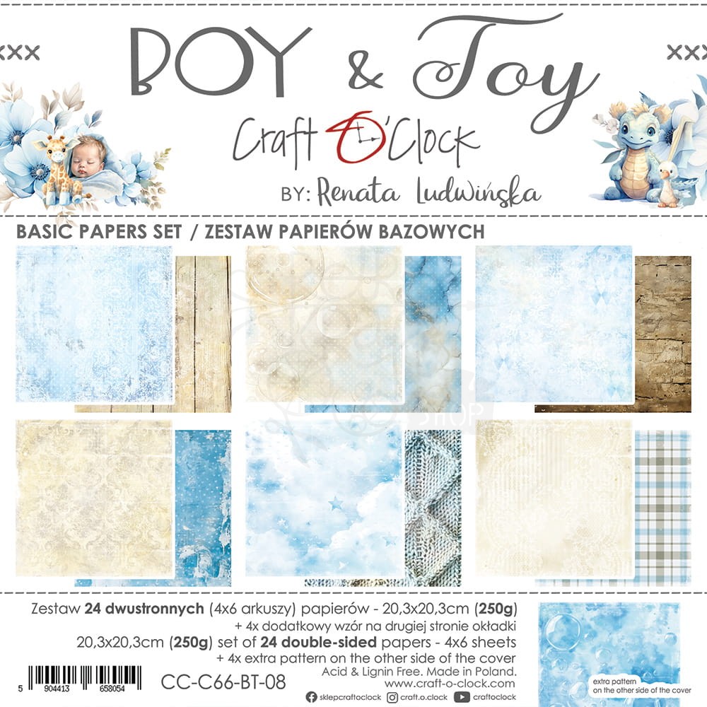 Zestaw papierów bazowych 20x20 Boy &amp; Toy Basic CC-C66-BT-08 Craft O’Clock