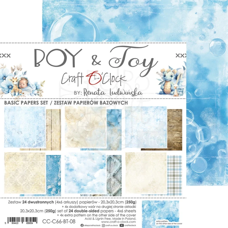 Zestaw papierów bazowych 20x20 Boy &amp; Toy Basic CC-C66-BT-08 Craft O’Clock