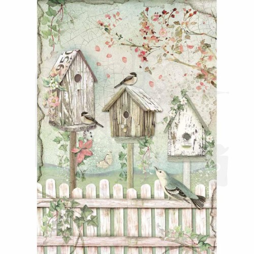 Papier ryżowy do decoupage A4 House of Roses Ptasie budki DFSA4448 Stamperia