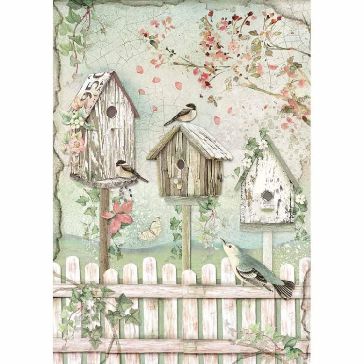 Papier ryżowy do decoupage A4 House of Roses Ptasie budki DFSA4448 Stamperia