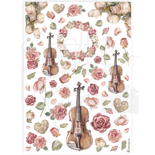 Papier ryżowy do decoupage A4 Best Sellers Skrzypce i róże DFSA4900 Stamperia