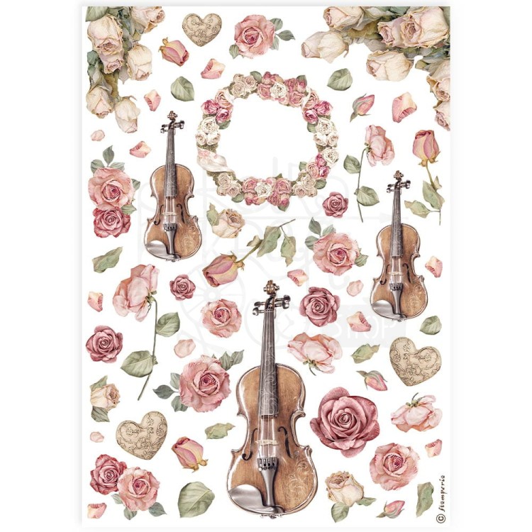 Papier ryżowy do decoupage A4 Best Sellers Skrzypce i róże DFSA4900 Stamperia