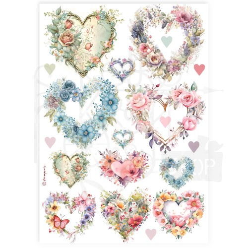 Papier ryżowy do decoupage A4 Best Sellers Kwiatowe serduszka DFSA4896 Stamperia