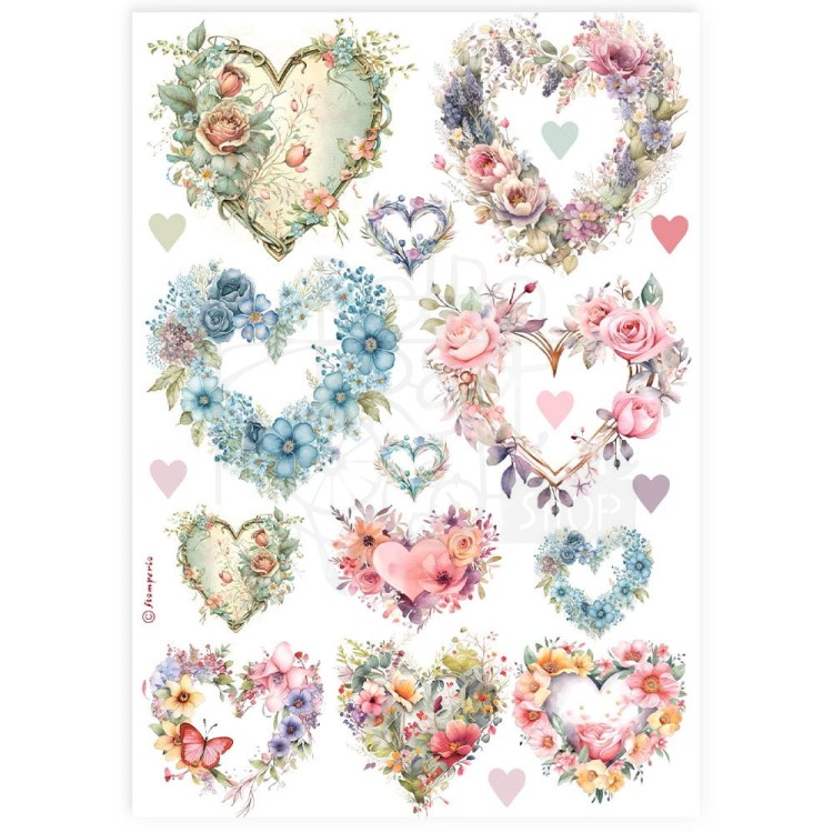 Papier ryżowy do decoupage A4 Best Sellers Kwiatowe serduszka DFSA4896 Stamperia