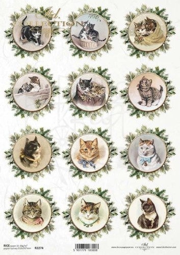Papier ryżowy do decoupage A4 Vintage kotki w wieńcach R2274 ITD Collection