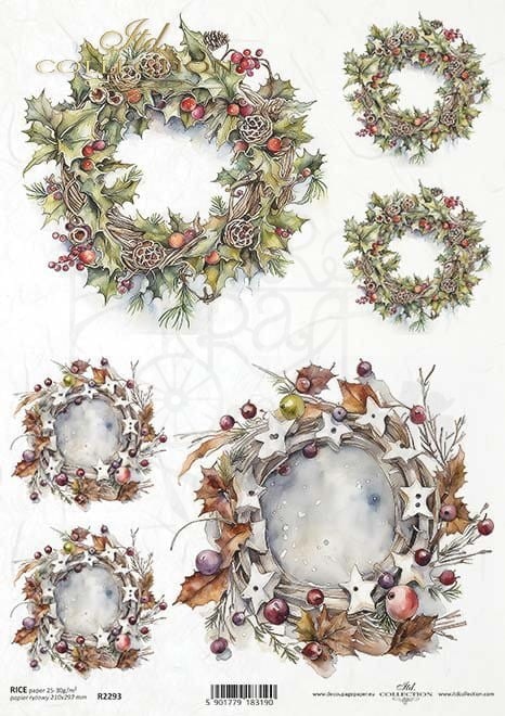 Papier ryżowy do decoupage A4 Zimowe wieńce R2293 ITD Collection