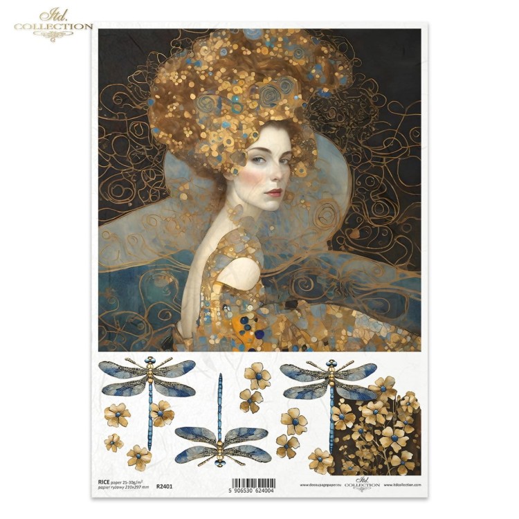 Papier ryżowy do decoupage A4 Inspired by Klimt - kobieta i ważki R2401 ITD Collection