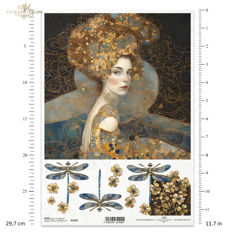 Papier ryżowy do decoupage A4 Inspired by Klimt - kobieta i ważki R2401 ITD Collection