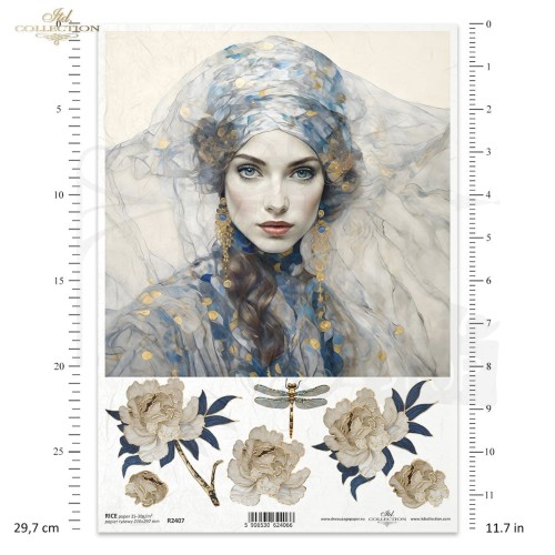 Papier ryżowy do decoupage A4 Inspired by Klimt - kobieta i kwiaty R2407 ITD Collection