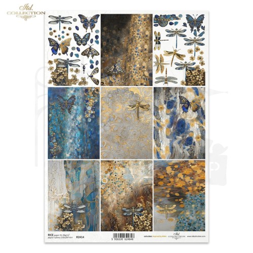 Papier ryżowy do decoupage A4 Inspired by Klimt - tła ważki i motyle R2414 ITD Collection