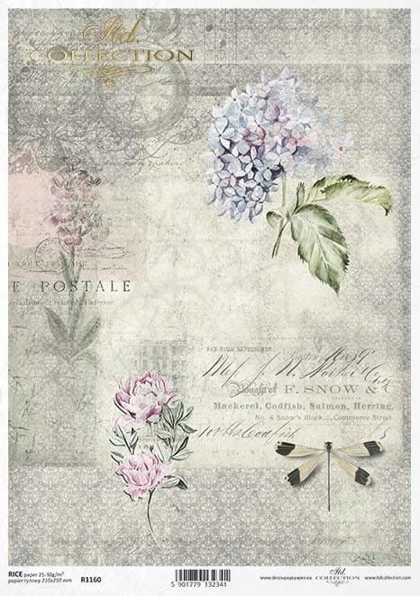 Papier ryżowy do decoupage A4 Vintage kwiaty i ważka R1160 ITD Collection