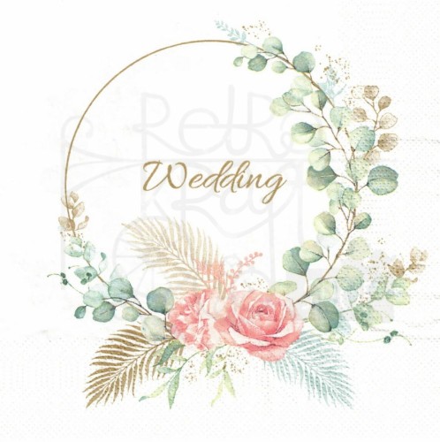 Serwetka 33x33 - Napis Wedding w okrągłej ramce z różami i gałązkami