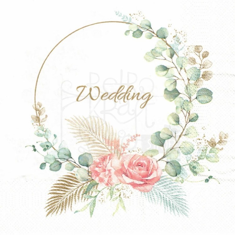 Serwetka 33x33 - Napis Wedding w okrągłej ramce z różami i gałązkami