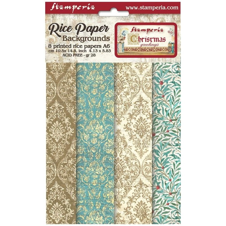 Papier ryżowy A6 Christmas Greetings Backgrounds tła - zestaw 8szt DFSAK6008 Stamperia