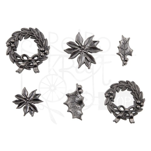 Ozdoby metalowe plakietki Idea-Ology Adornments Deck The Halls 6szt TH94354 Tim Holtz