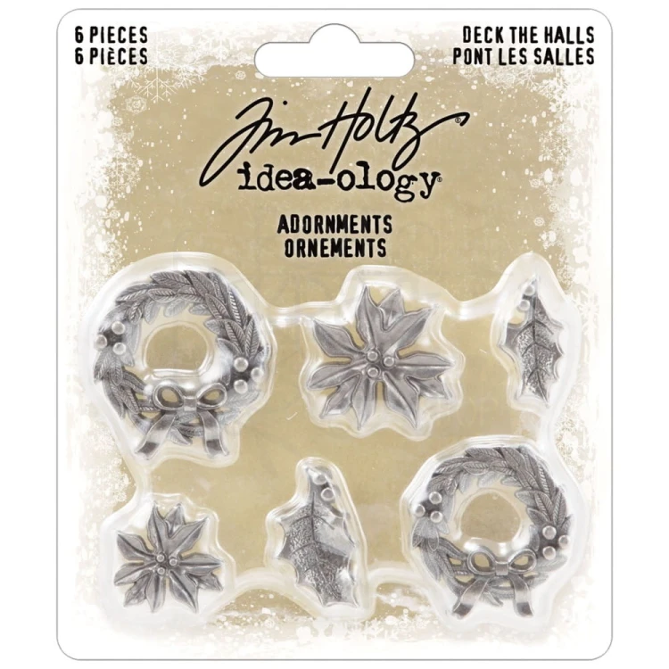 Ozdoby metalowe plakietki Idea-Ology Adornments Deck The Halls 6szt TH94354 Tim Holtz