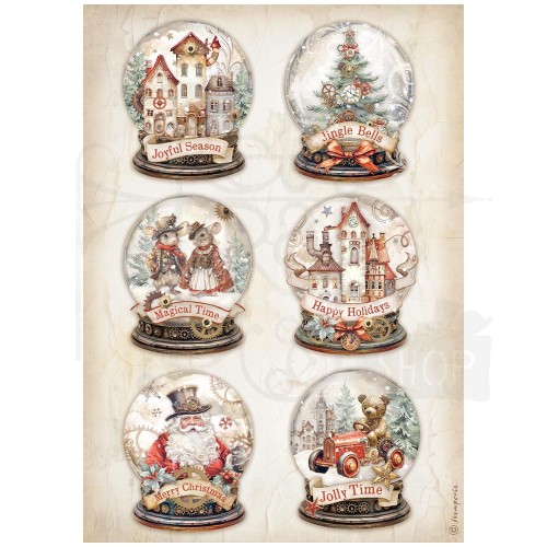 Papier ryżowy do decoupage A4 Gear Up For Christmas Śnieżne kule DFSA4937 Stamperia