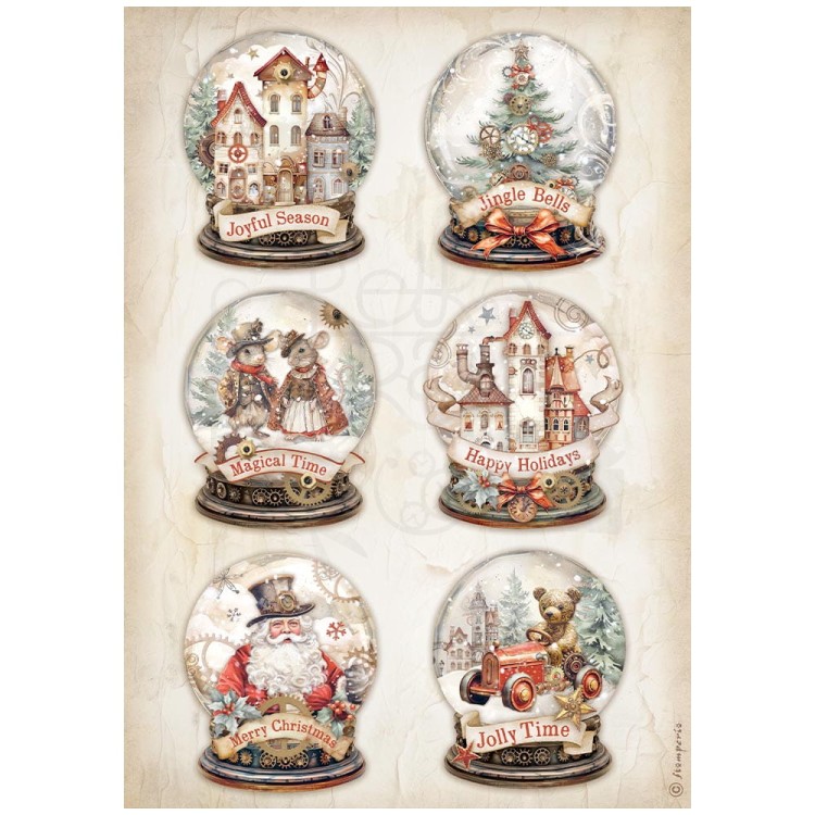 Papier ryżowy do decoupage A4 Gear Up For Christmas Śnieżne kule DFSA4937 Stamperia