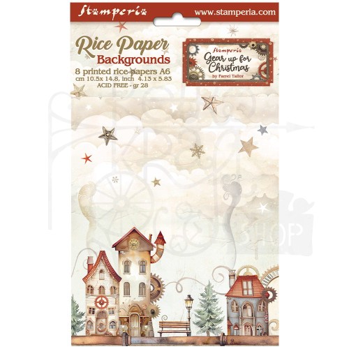 Papier ryżowy A6 Gear Up For Christmas Backgrounds tła - zestaw 8szt DFSAK6026 Stamperia