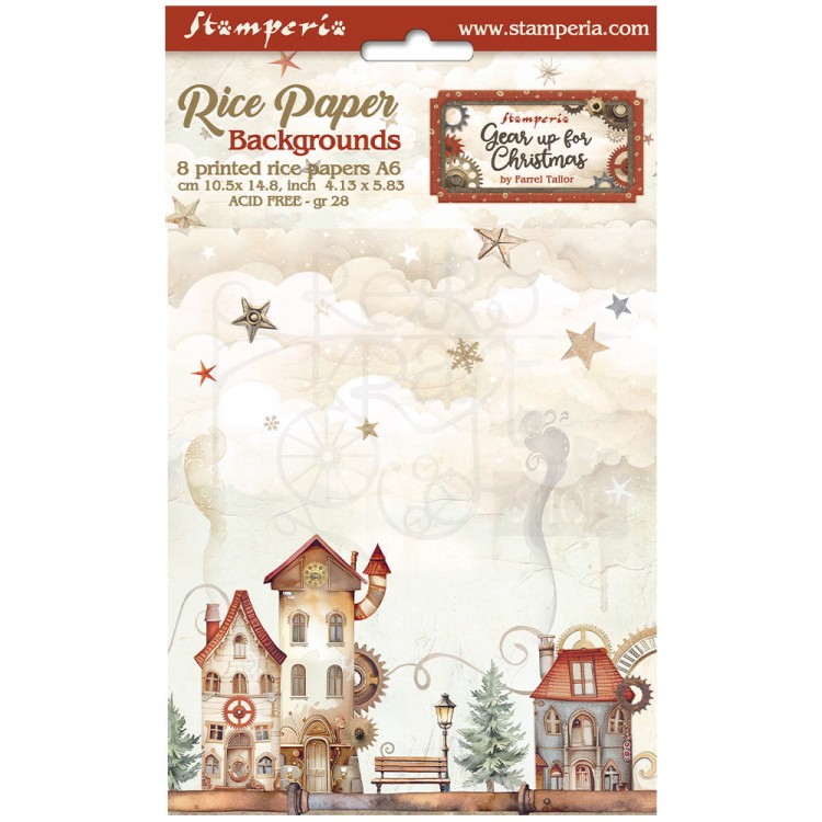 Papier ryżowy A6 Gear Up For Christmas Backgrounds tła - zestaw 8szt DFSAK6026 Stamperia